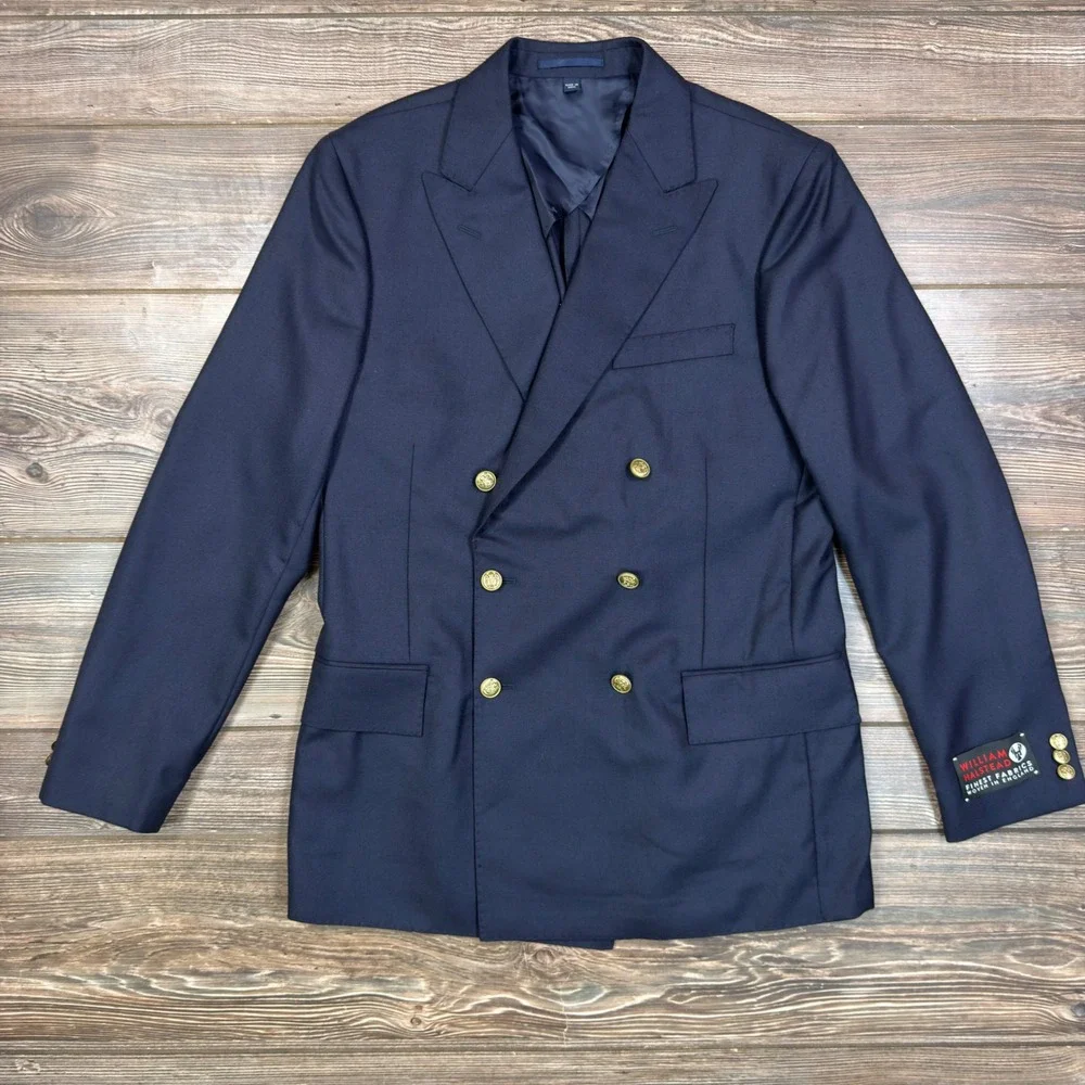 J.Crew Men 40R Blazer Navy William Halstead Wool Double Breasted Gold Button NEW